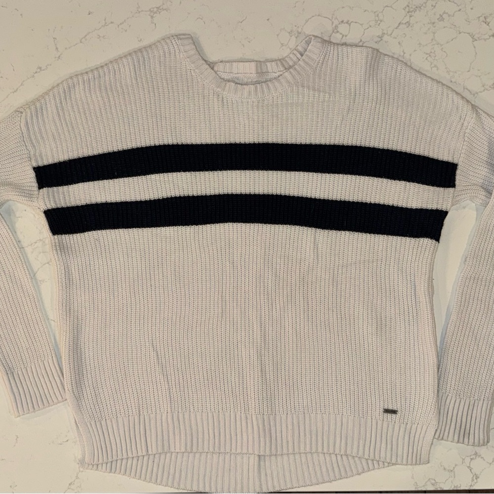Hollister White and Navy Crew Neck Sweater